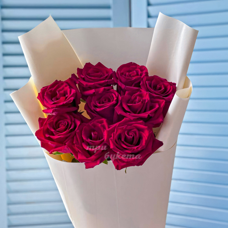 Букет из 9 красных эквадорских роз (крупный план)